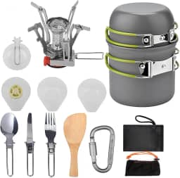 FINYQBET Conjunto de Panelas e Frigideiras de Acampamento - Kit de Cozinha Portátil com Utensílios Inoxidáveis, Bolsa de rede, Dobrável - Ideal para Camping, Caminhadas e Piqueniques (644g)