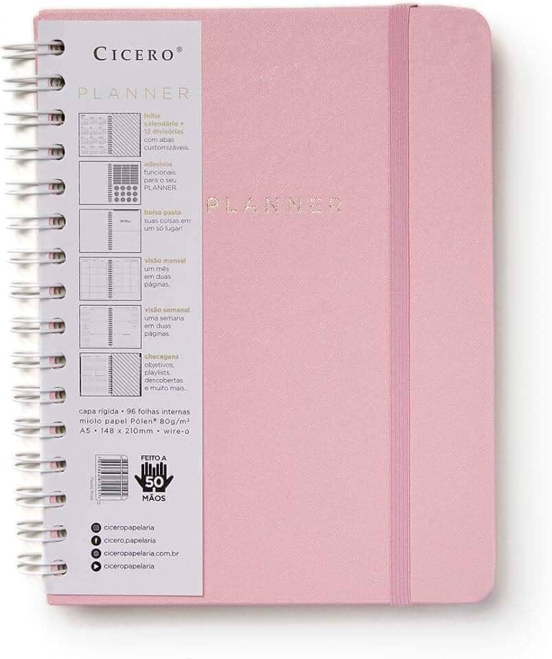 Planner Wire-o Pastel, Rosa, Mensal e Semanal, 96 Folhas, Papel Pólen 80g/m², Tamanho A5 (Grande)
