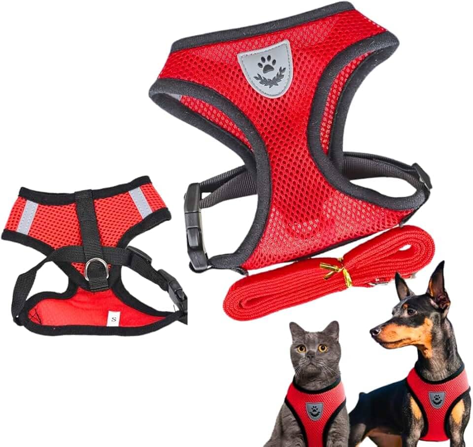 Coleira peitoral para cachorro e gatos colete refletivo com guia pets pequenos coelhos (Peitoral Vermelho - M)