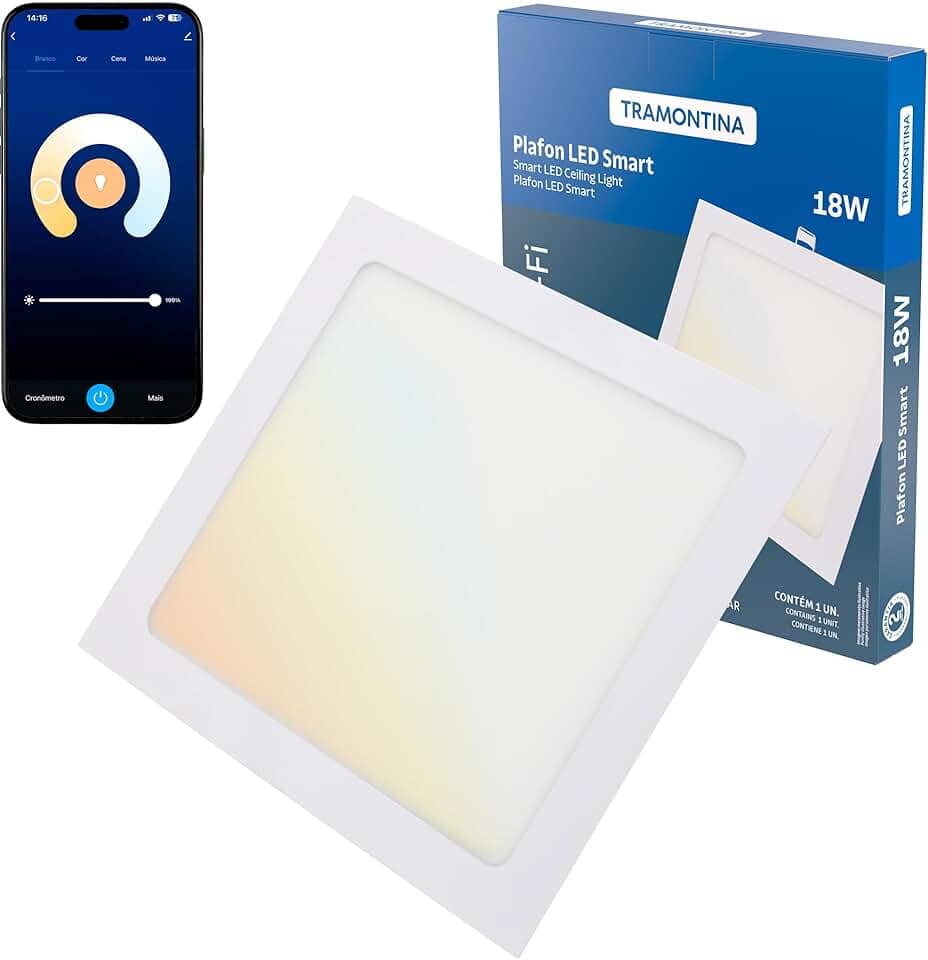 Tramontina Plafon Smart​ LED Quadrado de Embutir 18W Inteligente Wi-Fi + Bluetooth​ e função de geolocalização - Compatível com Alexa e Google Assistente
