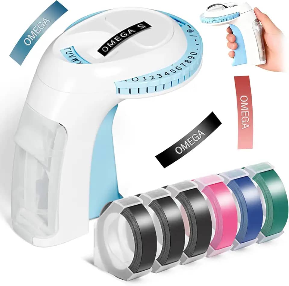 Máquina de gravação retro em relevo com fitas,Etiquetadora 3D Vintage,etiquetadora de gravação da velha escola, com fitas de gravação de 6 rolos para cozinha doméstica, escritório, etc. (Azul)