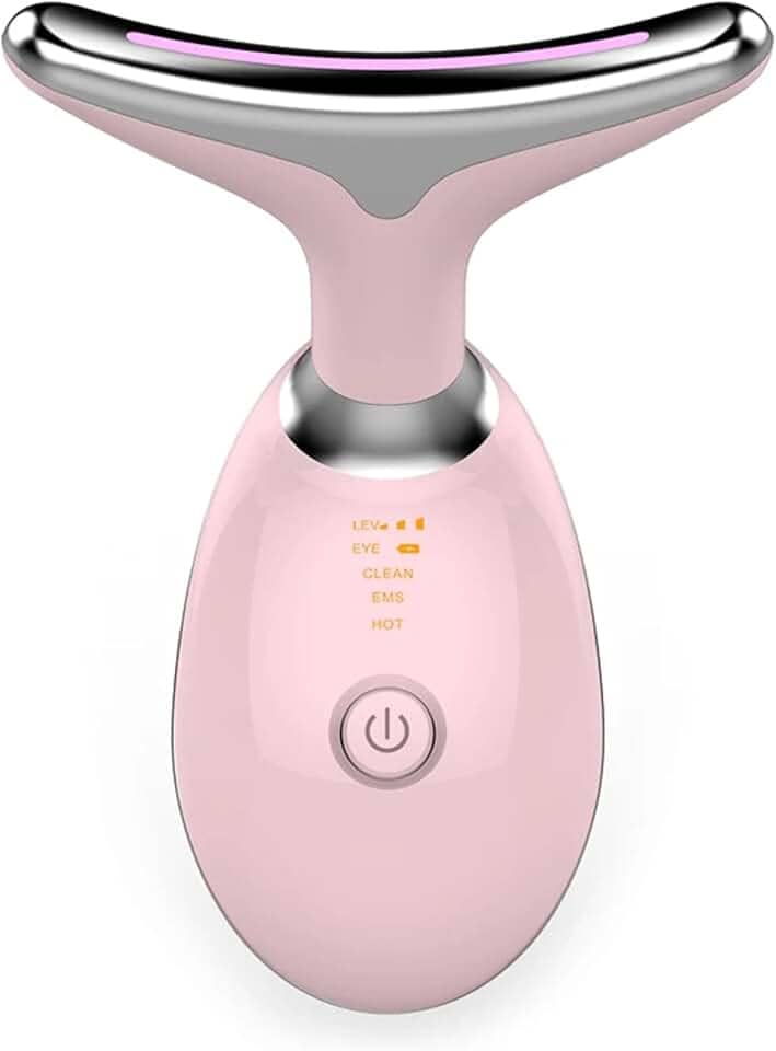 Massageador Facial LED com 7 Cores, Vibração e Fototerapia, Tratamento Lifting Anti-Idade com EMS e Aquecimento, Anti Rugas, Tira Papada (Rosa)