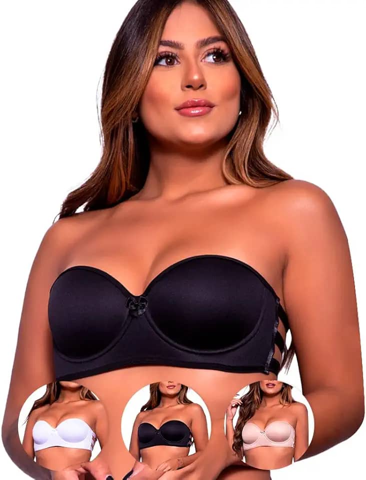 ART ÍNTIMA - Kit 03 Sutiãs com Bojo Tomara Que Caia Com Tiras nas Costas - Sem Alças - Não Marca na Roupa - Moda Íntima - Sustentação Perfeita - Confortável & Resistente