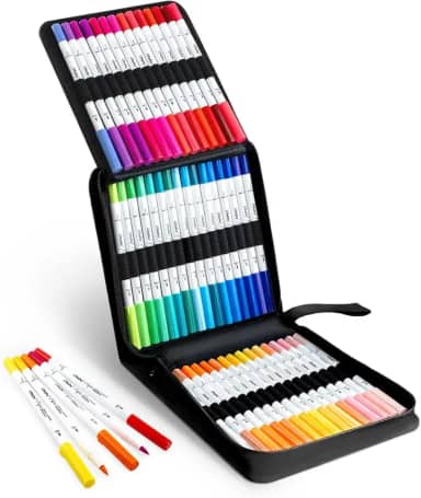 Kit 60 Canetas Aquarela Ponta Dupla – Brush Pen + Fineliner 0.4mm – Estojo Organizador, Ideal para Desenho e Lettering