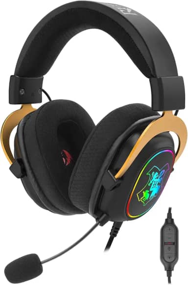 Headset Gamer Redragon Harry Potter Zeus Hogwart’s RGB Special Edition Preto e Dourado Surround 7.1 Virtual com Kit de Customização HP-510 RGB