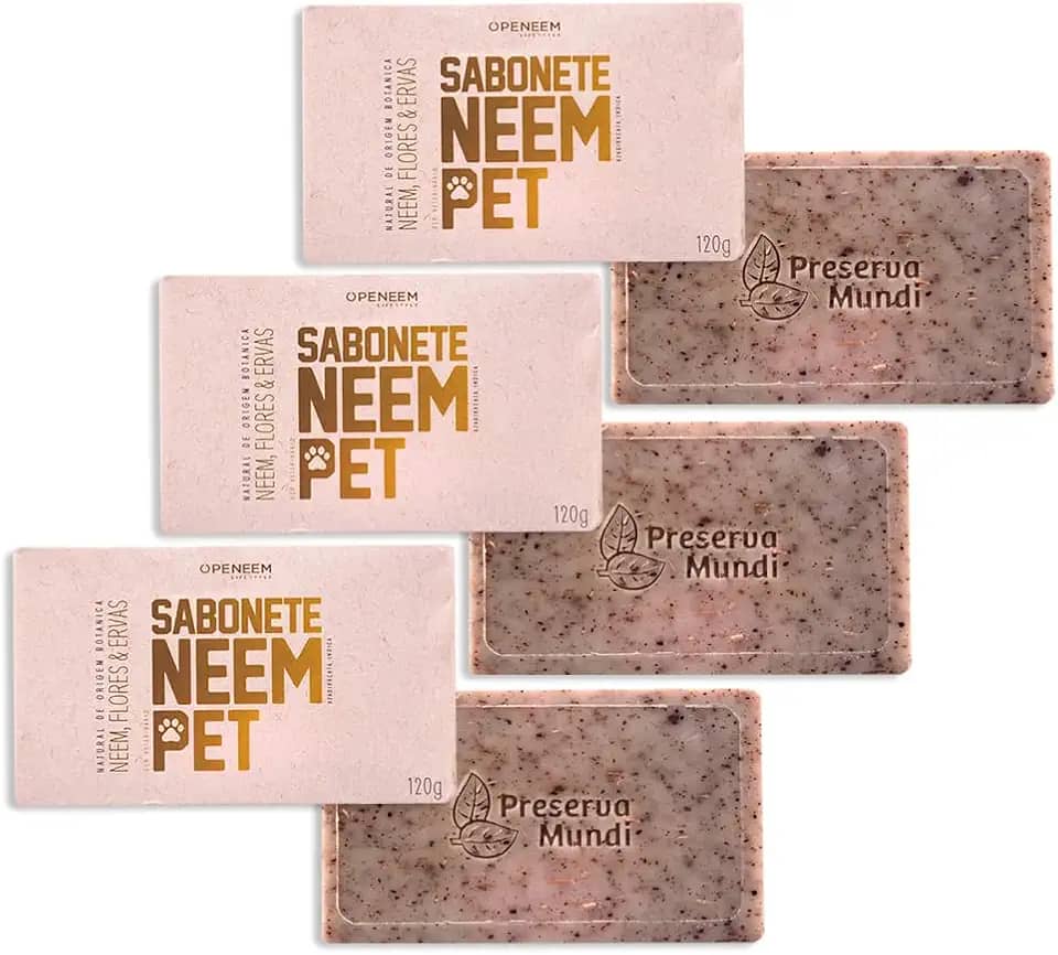 Kit 3 Sabonetes Neem Pet 120g Para Cães e Gatos Ação Natural Antipulgas e Higiene