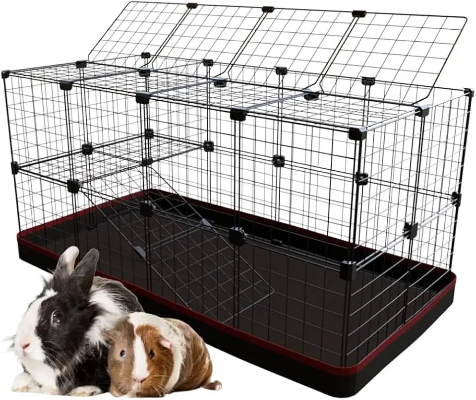 Cercado Porquinho da Índia Gaiola para Coelho 60x120x60cm com 2 Andares Rampa e Teto Bandeja Higiênica Tapete Fácil de Limpar (Tela Branca e Tapete Rosa)