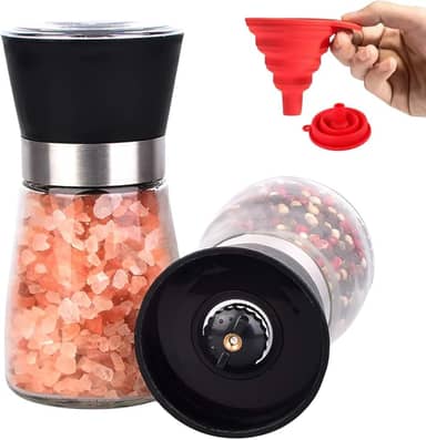 Kit 2 Moedor de Pimenta e Sal com Funil de Silicone Em Aço Inox e Vidro Moedor de sal grosso moedor sal moedor pimenta Moedor de Sal porta sal saleiro de mesa saleiro e pimenteiro - Bertaglia®
