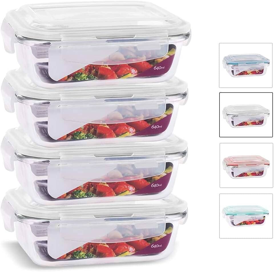 KIT 4 Potes de Vidro Retangular com Tampa Hermética 640ml Cor:Branco (QH)