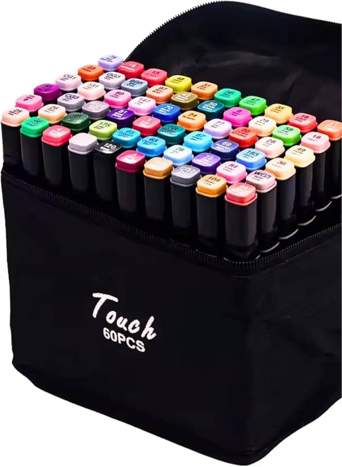 Kit de 60 Canetas Marcador Permanente Ponta Dupla Touch Coloridas para Desenho Profissional Escolar Infantil com Estojo Organizador Base Artista Canetinhas Hidrográficas Alcool Caneta para Colorir