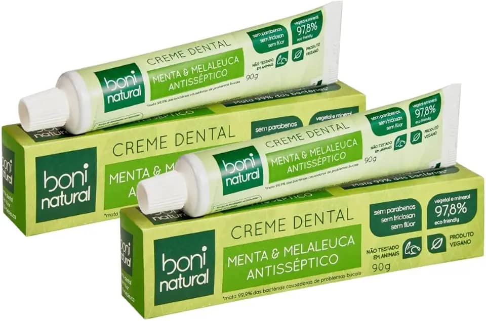 Kit 2 Creme Dental com óleos naturais de Menta e Melaleuca Vegano e Natural, Sem Flúor, Sem Triclosan, Boni Natural, Branco