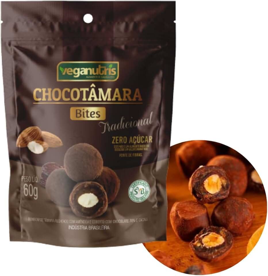 BOMBOM VEGANO DE TÂMARA COM AMÊNDOA E CHOCOLATE 70% CHOCOTÂMARA BITES VEGANUTRIS 60G
