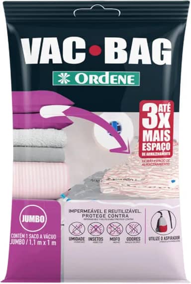 Ordene - Saco Plástico à Vácuo para Armazenamento, Tamanho Jumbo (110 x 100cm), Cor Transparente, Linha Vac Bag