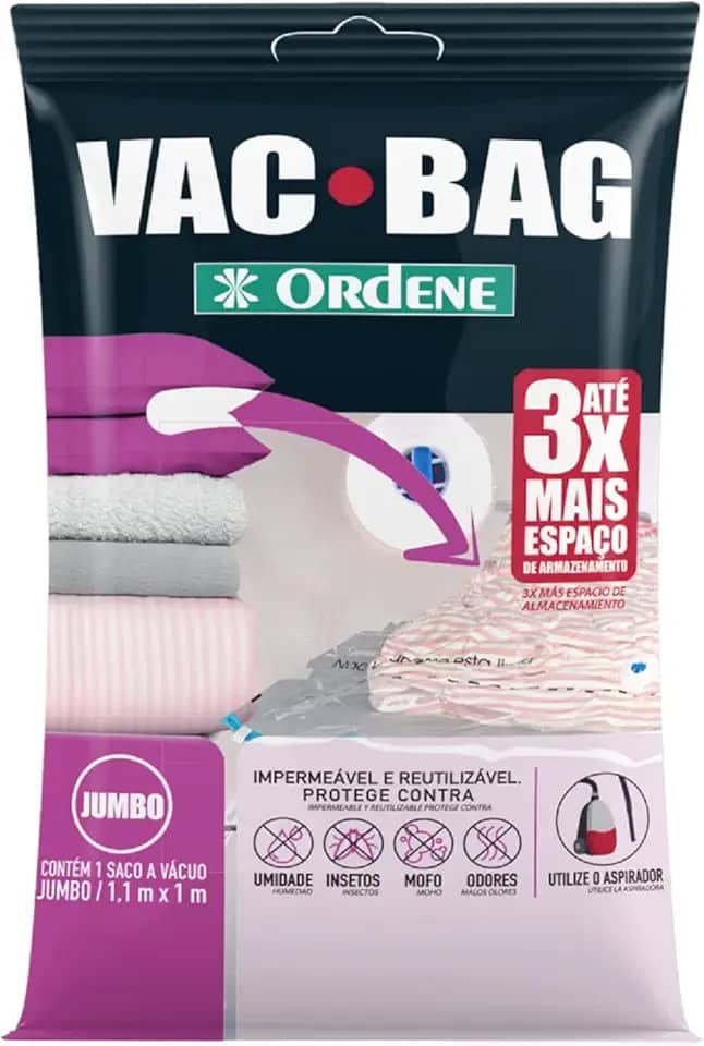 Ordene - Saco Plástico à Vácuo para Armazenamento, Tamanho Jumbo (110 x 100cm), Cor Transparente, Linha Vac Bag