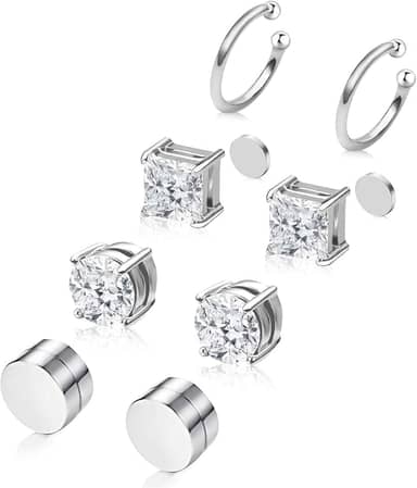 Conjunto de 4 pares de brincos de aço inoxidável hipoalergênicos de zircônia cúbica pequenos não perfurantes prata brincos falsos pretos 6-8 mm