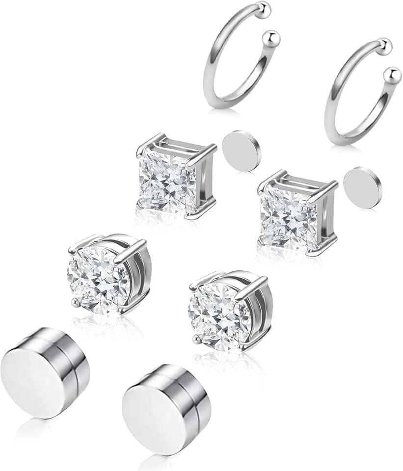 Conjunto de 4 pares de brincos de aço inoxidável hipoalergênicos de zircônia cúbica pequenos não perfurantes prata brincos falsos pretos 6-8 mm