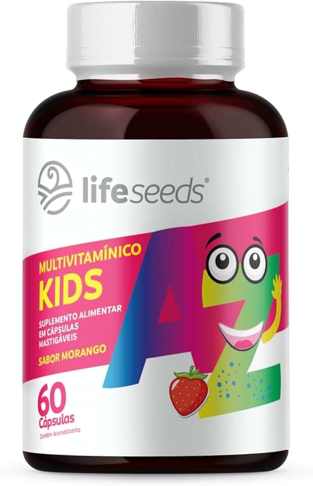Multivitamínico AZ Kids - Vitaminas A, D, E, K, C, B1, B2, B3, B5, B6, B7, B9, B12, Cálcio, Cromo, Ferro, Magnésio, Selênio e Zinco - Sabor Morango - 60 Cápsulas Mastigáveis