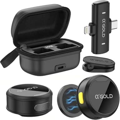 Kit 2 Microfones de Lapela aGold - Profissional - Com Imã Sem Fio + Case de Carregamento - Bluetooth - Redução de Ruído Até 12 Horas Autonomia a Compatível com Camera, iPhone, Android e USB-C.