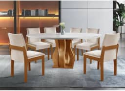 Conjunto Sala de Jantar Mesa Nuance 135cm Redonda Tampo Vidro/MDP com 6 Cadeiras Mônaco Castanho Cinamomo/Suedy Creme