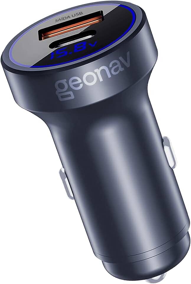 Geonav Carregador Veicular SuperPower Ultrarrápido Duo 38W, 2 portas - 1 USB (18W Quick Charge) e 1 USB-C (20W Power Delivery), CH38PDQC, Alumínio Cinza