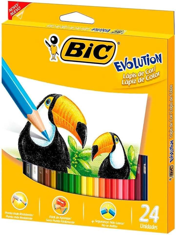 Lápis de Cor Sextavado BIC Evolution, 24 Cores, 902638, Blister 1 Unidade, Seguro Para Crianças, Não Lasca