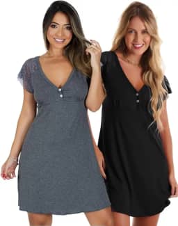 Kit com 2 Camisolas em Viscose com Detalhes Renda Estilo Camiseta Noite Dormir Amamentação Maternidade