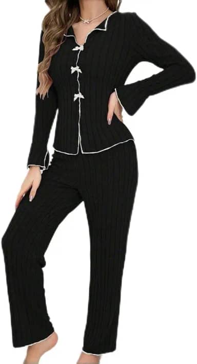 Conjunto de pijama feminino com nervuras e camisa de manga comprida e calça comprida