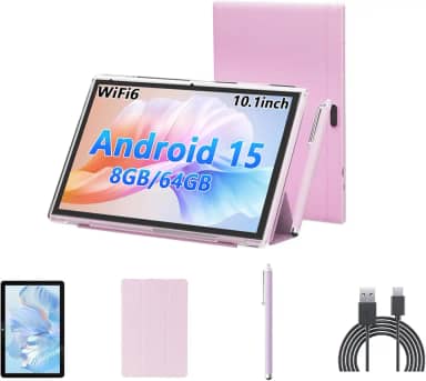 YQSAVIOR Tablet Android 15 com teclado, tablets de 10 polegadas com capa, expansão de 8 GB + 64 GB/1 TB, 2,4 G + 5 G + Wi-Fi 6, 6000 mAh, BT, GMS, jogos, câmera de 8 MP (rosa)