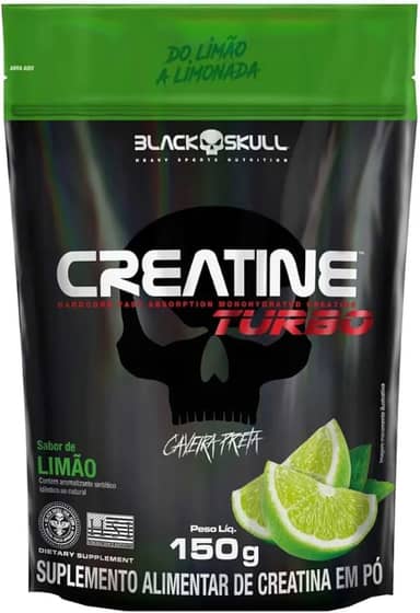 Creatine Turbo BlackSkull - Creatina Monohidratada em pó, com carboidrato para melhor absorção e performance (150g Refil, Limão)