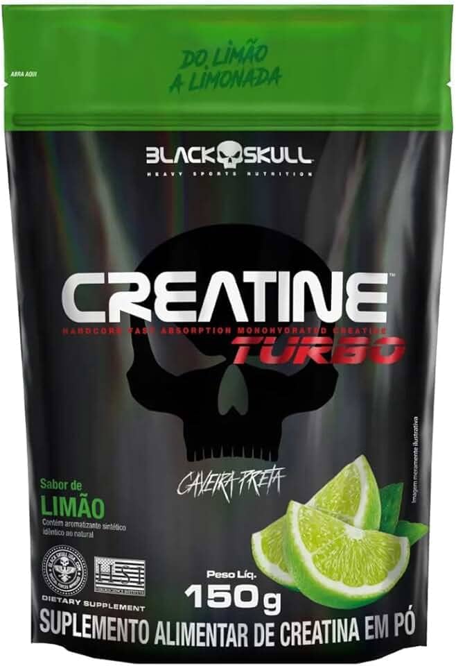 Creatine Turbo BlackSkull - Creatina Monohidratada em pó, com carboidrato para melhor absorção e performance (150g Refil, Limão)