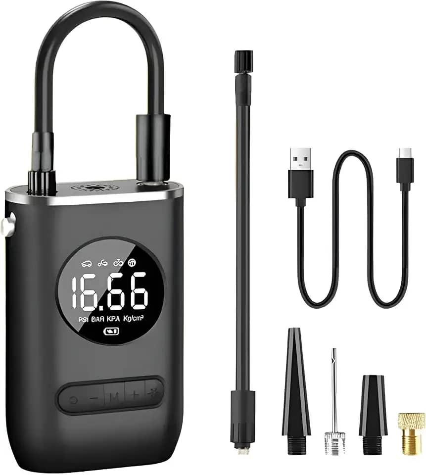 Calibrador Portátil Digital Recarregável 4000 mAh Mini Bomba De Ar Compressor 150 PSI Com Lanterna LED para Encher Pneus de Carro, Moto, Bike, Bicicleta, Bola e Piscina Inflável Linha Premium