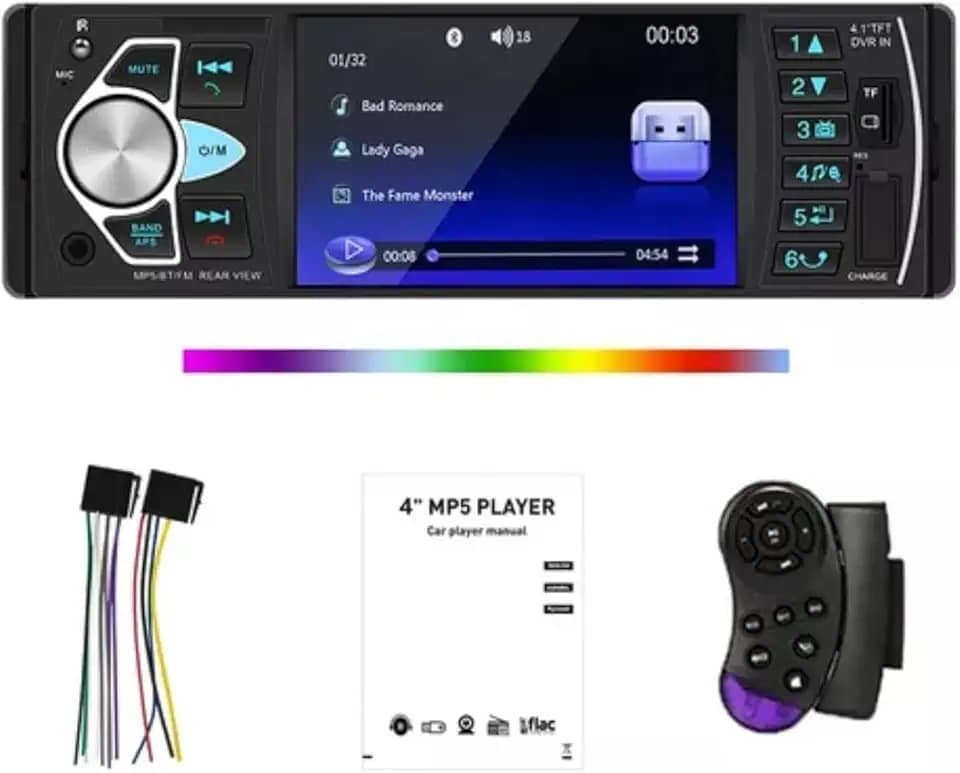 Som Automotivo Bluetooth,Tela HD de 4.1 Polegadas, Controle no Volante e Conexão para Subwoofer - Ideal para Segurança e Entretenimento em Viagens