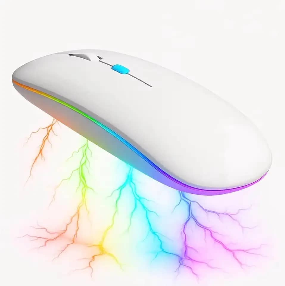 Mouse Sem Fio RGB Recarregável – Silencioso, Ergonômico, Dual Mode Bluetooth 5.0 + USB 2.4GHz e DPI Ajustável – Branco