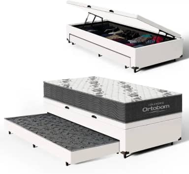 Bicama Box Baú Solteiro com Colchão de Espuma D33 Ortobom Airtech 100 + Auxiliar Unique 88cm (Branco)