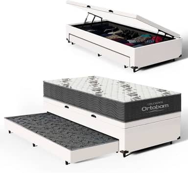 Bicama Box Baú Solteiro com Colchão de Espuma D33 Ortobom Airtech 100 + Auxiliar Unique 88cm (Branco)