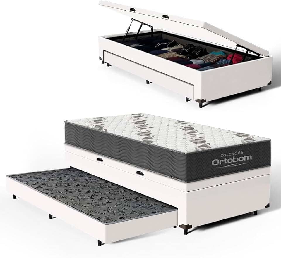 Bicama Box Baú Solteiro com Colchão de Espuma D33 Ortobom Airtech 100 + Auxiliar Unique 88cm (Branco)