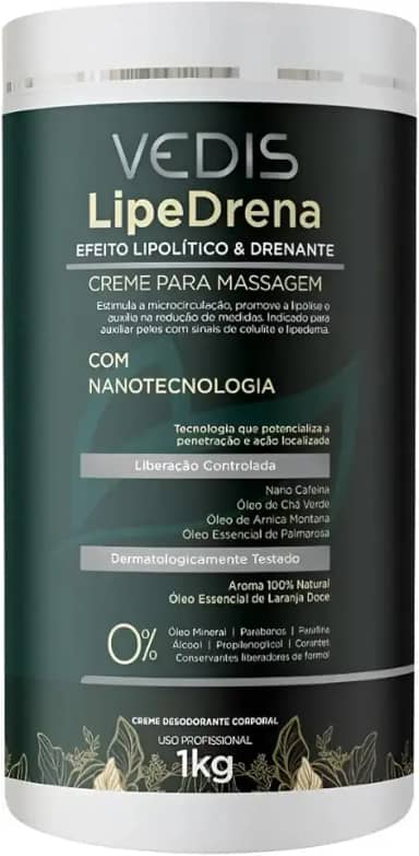 Creme de Massagem LipeDrena 1kg Vedis Profissional – Lipolítico e Drenante com Nanotecnologia
