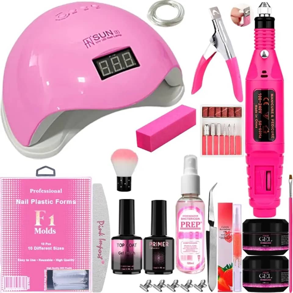 Kit Completo Manicure Unhas de Gel com Cabine Sun LED UV 48W e Lixadeira Elétrica Caneta Bivolt (Rosa)