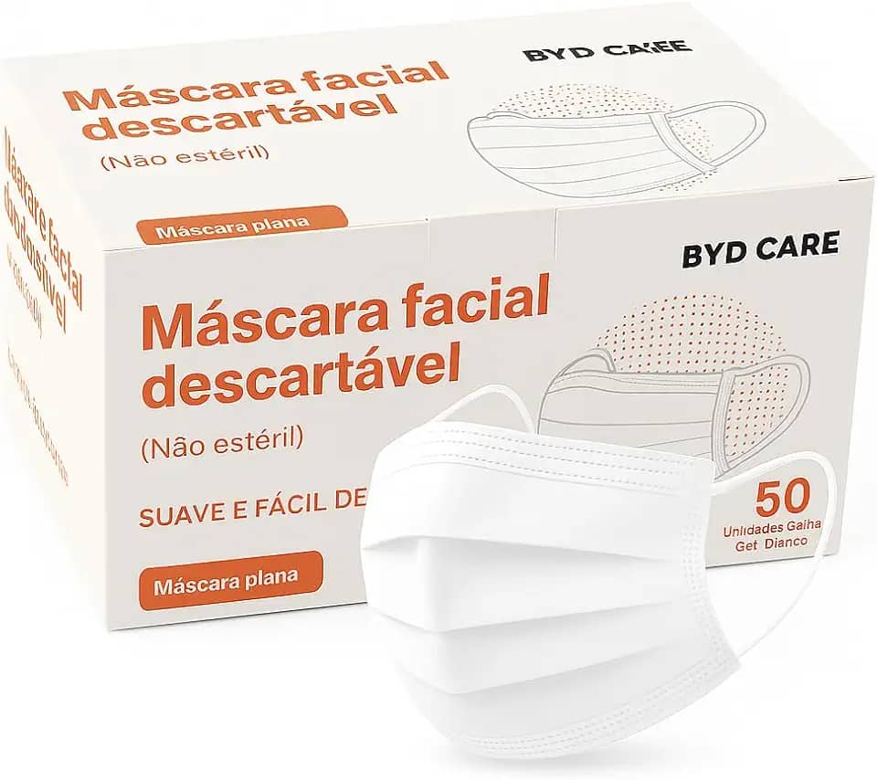 BYD Máscara Descartável Tripla Branca Proteção 50 Unidades