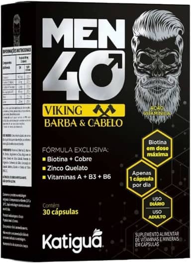 Katiguá Men 40 Viking Barba E Cabelo Com Biotina + Cobre Zinco Quelato Vitamina A + B3 + B6 Sem Sabor Para Homens 30 Cápsulas Rígidas • 30 Doses Preto