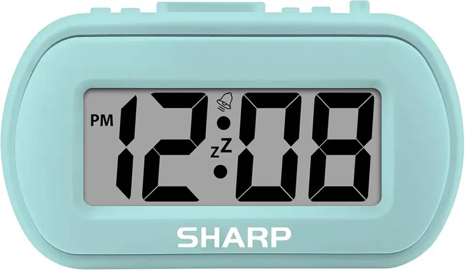 Sharp Despertador digital – caixa tátil com acabamento emborrachado macio – operado por bateria – luz de fundo azul sob demanda – alarme ascendente – fácil de usar – menta