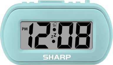Sharp Despertador digital – caixa tátil com acabamento emborrachado macio – operado por bateria – luz de fundo azul sob demanda – alarme ascendente – fácil de usar – menta