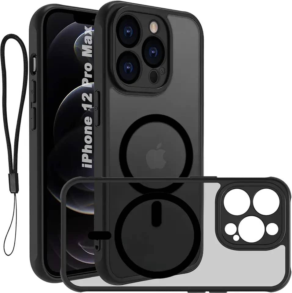 USTIYA Magnética Capa para iPhone 12 Pro Max 6,7 polegadas Case Matte Acrílico Uso Resistente Protetora de Câmera Capinha Acessórios para Celular com Cordão Preto FGCX