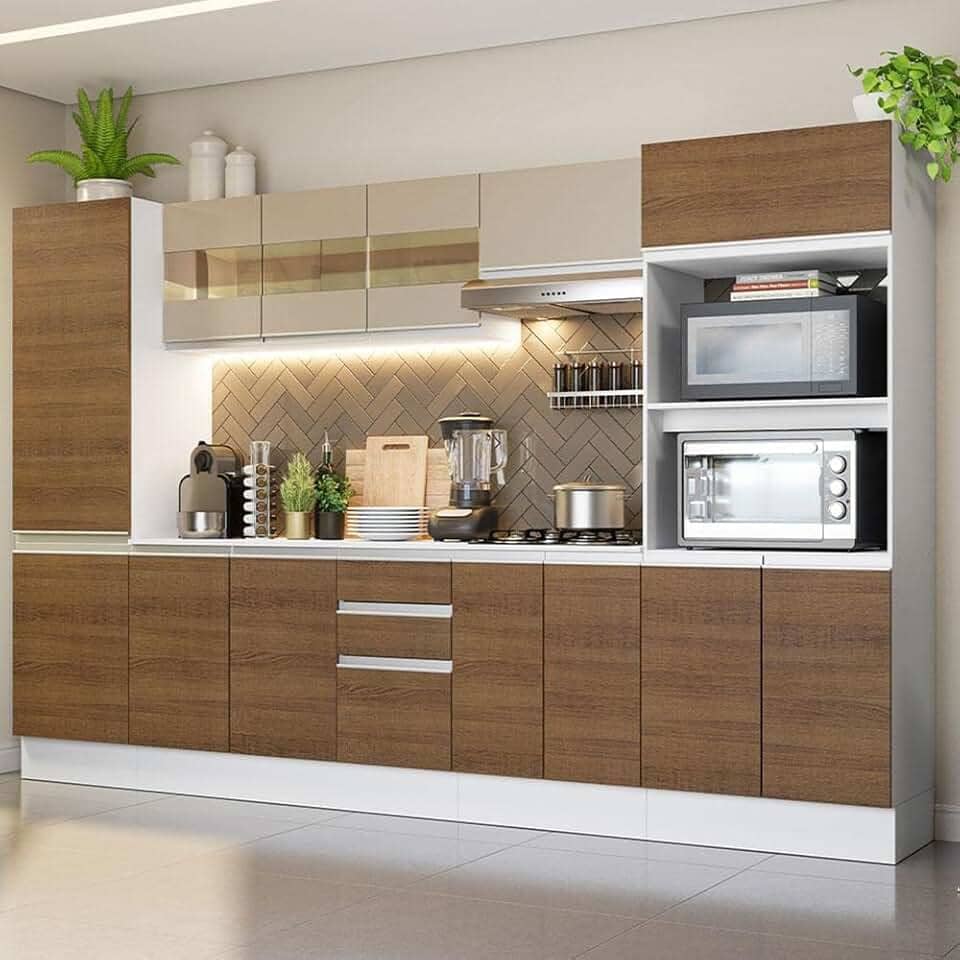 Cozinha Completa 100% MDF Madesa Smart 300 cm Modulada Com Armário e Balcão - Branco/Rustic/Crema