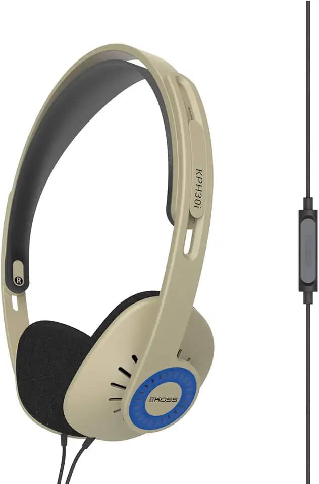 Koss Fones de ouvido supra-auriculares KPH30iRB, microfone embutido e controle remoto por toque, sistema retrô, design de perfil D, com fio com plugue de 3,5 mm, bege