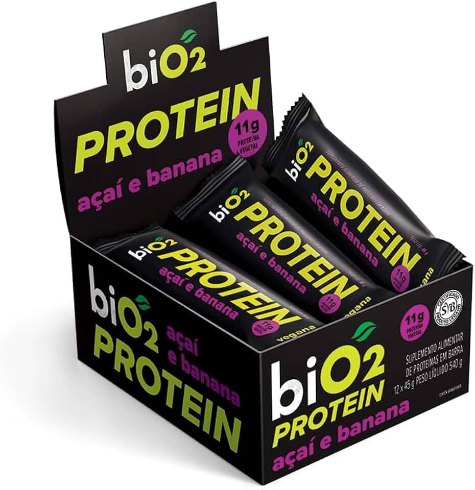 Barra de Proteína biO2 Protein Açaí, Banana e Pasta de Amendoim, Caixa com 12 unidades de 45 g, Vegana e sem Glúten