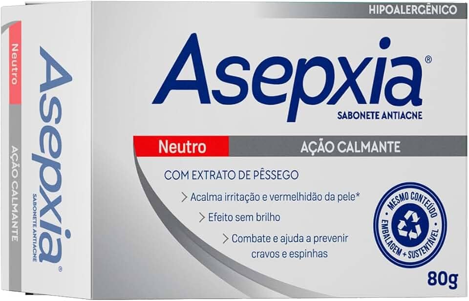 Asepxia Sabonete Neutro 80g — Hipoalergênico | Limpeza Profunda e Suave | Controla a Oleosidade e Acalma a Pele Sensibilizada | Previne Espinhas