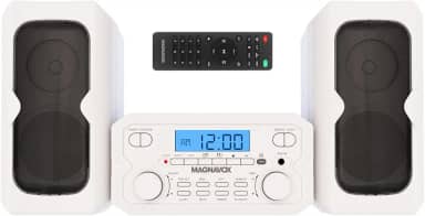 Magnavox MM435-WH Sistema de prateleira de CD compacto de 3 peças com rádio estéreo AM/FM, tecnologia sem fio Bluetooth e controle remoto em branco | Display LCD | Porta AUX Compatível |