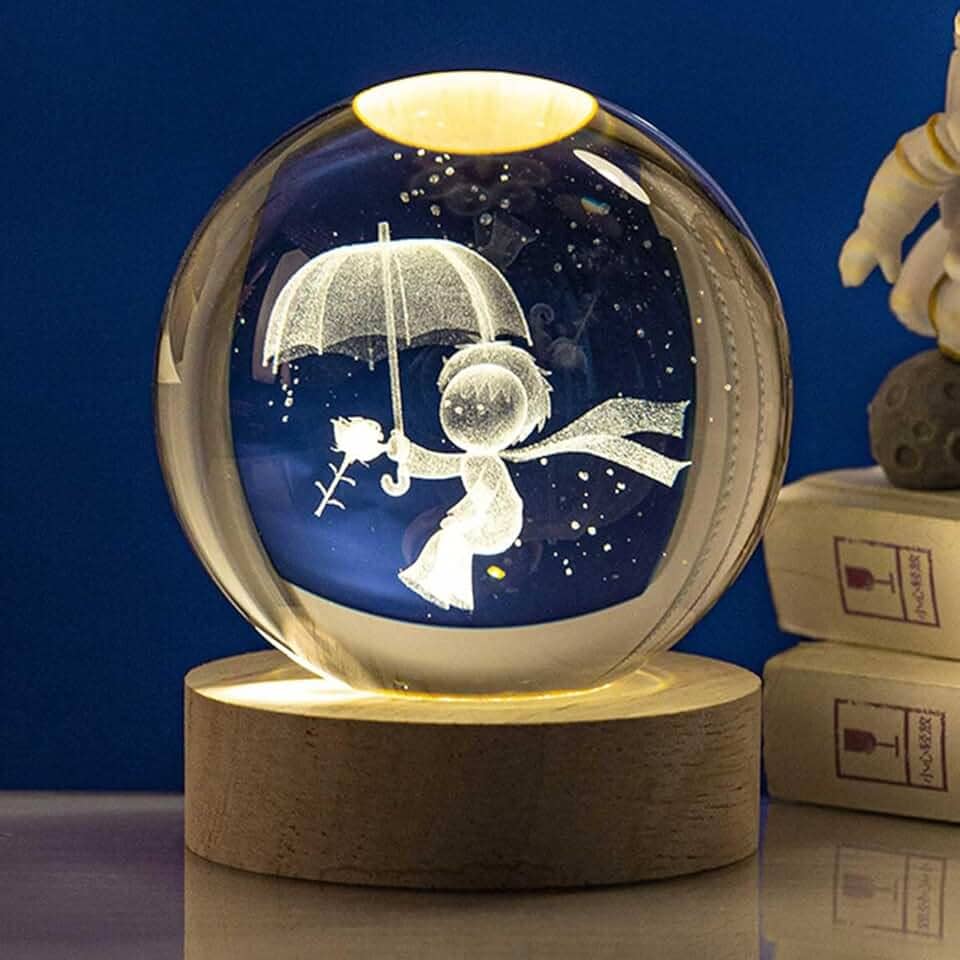 Lumin?ria Bola Esfera Cristal De Mesa Planeta Terra Gal?xia Sistema Solar LED Base Madeira Enfeite Decorativo Casa (Guarda Chuva)