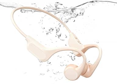 Fones de ouvido IP68 à prova d'água de condução óssea com design de orelha aberta, leitor de MP3 de 32 GB integrado para natação, exercícios, corrida, ciclismo (bege)